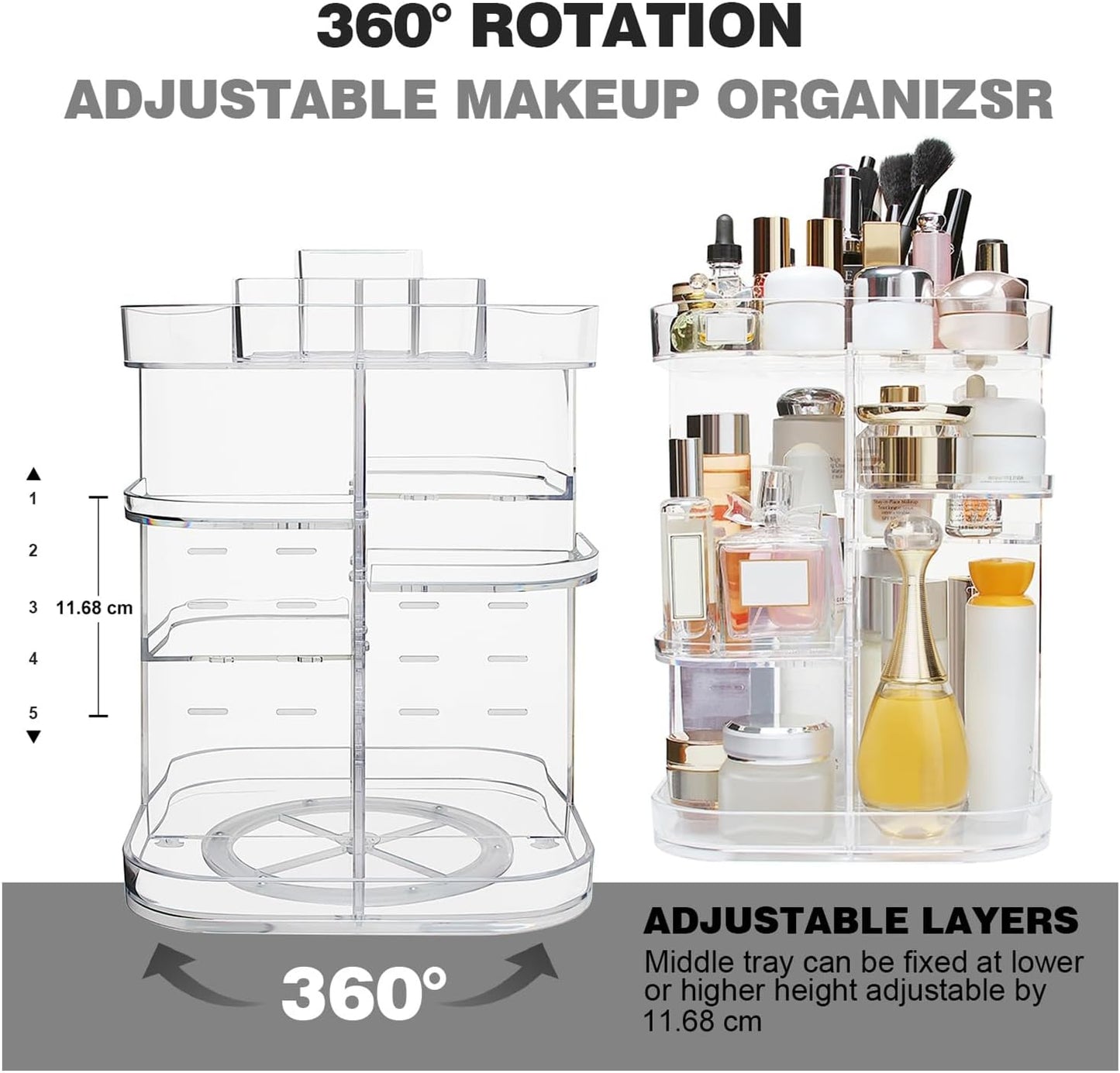 AMEITECH 360-Degree Makeup Organizer, DIY Adjustable Rotating Cosmetic Storage Carousel Spinning Holder Storage Rack with 5 Layers Large Capacity, Best for Countertop, Square