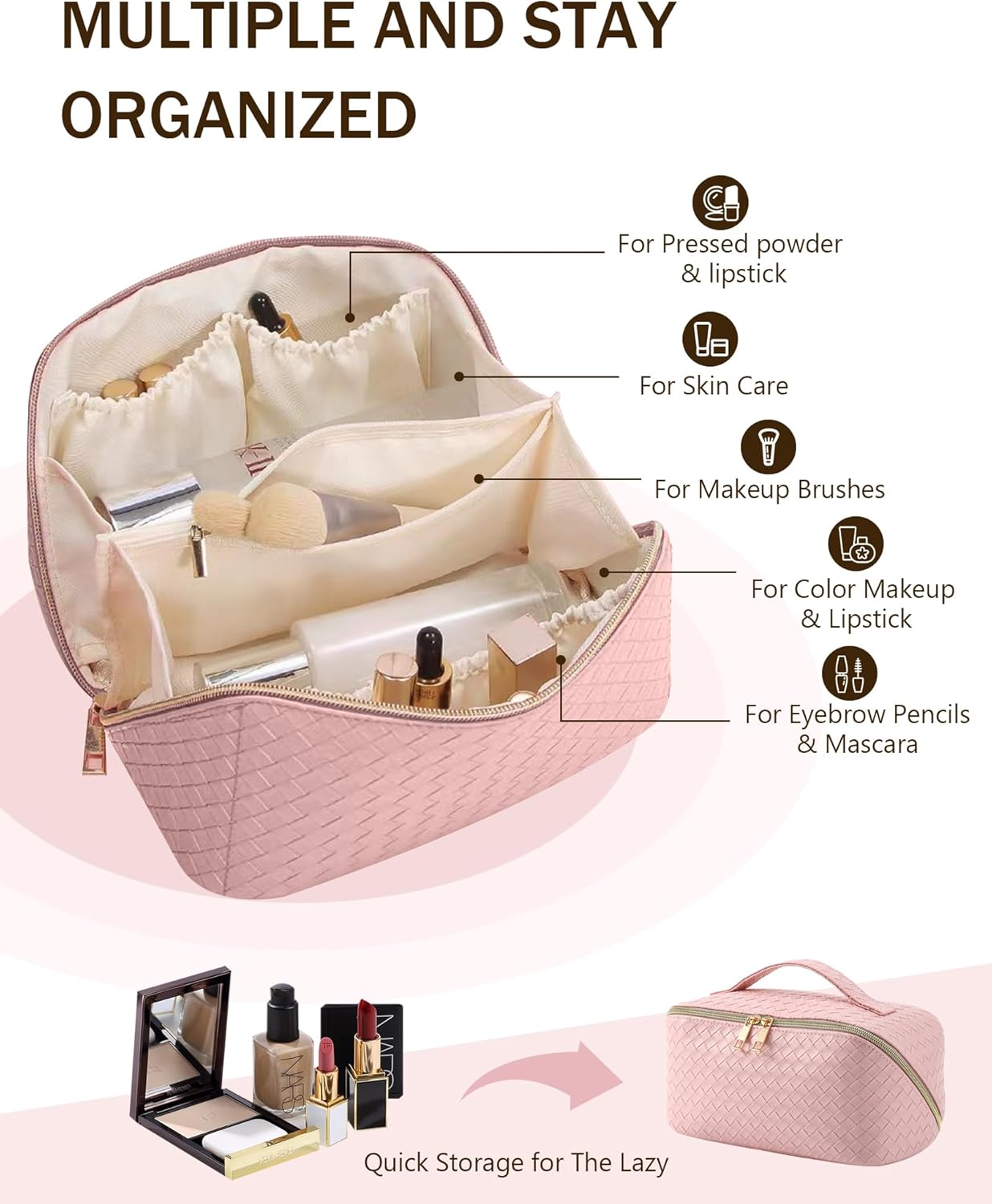Makeup Bag Travel Toiletry Bag,Large Capacity Cosmetic Bags for Women with Handle and Divider,Large Wide-Open Pouch Waterproof Toiletry Bag for Toiletries Accessories Brushes (A-White)