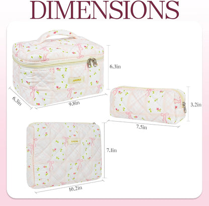 AMZMA Makeup Bag Travel Cosmetic Bag, 3 PCS Quilted Make Up Bags for Women Makeup Organizer Case, Coquette Makeup Pouch Travel Essentials Toiletries Accessories