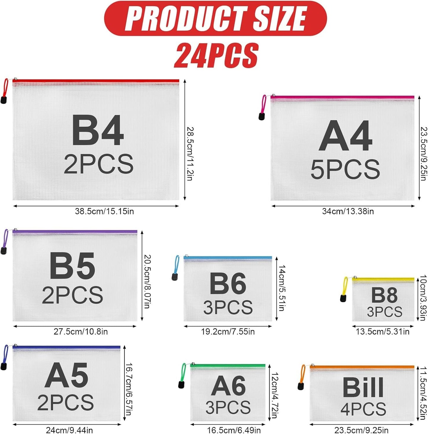 YSHIGUING 24pcs Mesh Zipper Pouch Bags Multipurpose Waterproof Zipper Bags Document Bag with 8 Different Sizesï¼ŒPlastic Zipper Bags for Organizing,Office, Travel, Home Board Game Storage