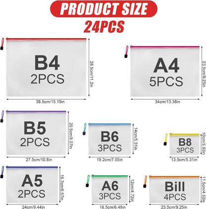 YSHIGUING 24pcs Mesh Zipper Pouch Bags Multipurpose Waterproof Zipper Bags Document Bag with 8 Different Sizesï¼ŒPlastic Zipper Bags for Organizing,Office, Travel, Home Board Game Storage