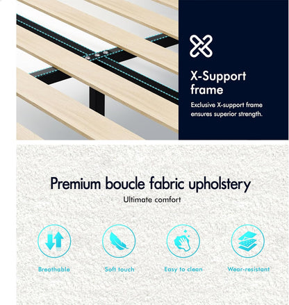 ALFORDSON Bed Frame Base Double Size with Boucle Fabric Upholstery, Bed Platform Foundation with Headboard for Mattress Topper, Tania Boucle White