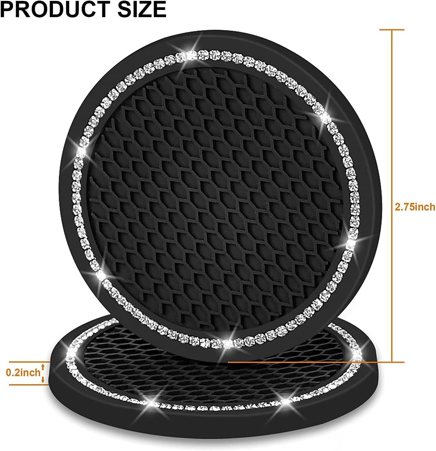 Car Cup Coaster, Push Start Button Bling, Interior Accessories 2.75 Inches Crystal Rhinestone Anti-Slip Vehicle Coaster for Cars, Trucks & RVs (Black, 2Pcs + Bling 1Pcs)