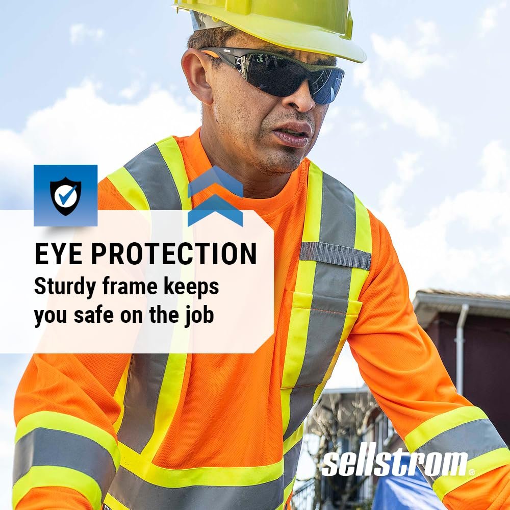 Sellstrom Sporty, Stylish, Protective Eyewear Safety Glasses, Smoke Anti-Scratch Polycarbonate Lenses, Black/Yellow Co-Molded Temples, Heavy Duty Frame & Temple Design, Soft Nose Piece (Qty 1), S71401