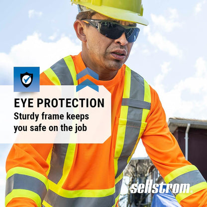 Sellstrom Sporty, Stylish, Protective Eyewear Safety Glasses, Smoke Anti-Scratch Polycarbonate Lenses, Black/Yellow Co-Molded Temples, Heavy Duty Frame & Temple Design, Soft Nose Piece (Qty 1), S71401