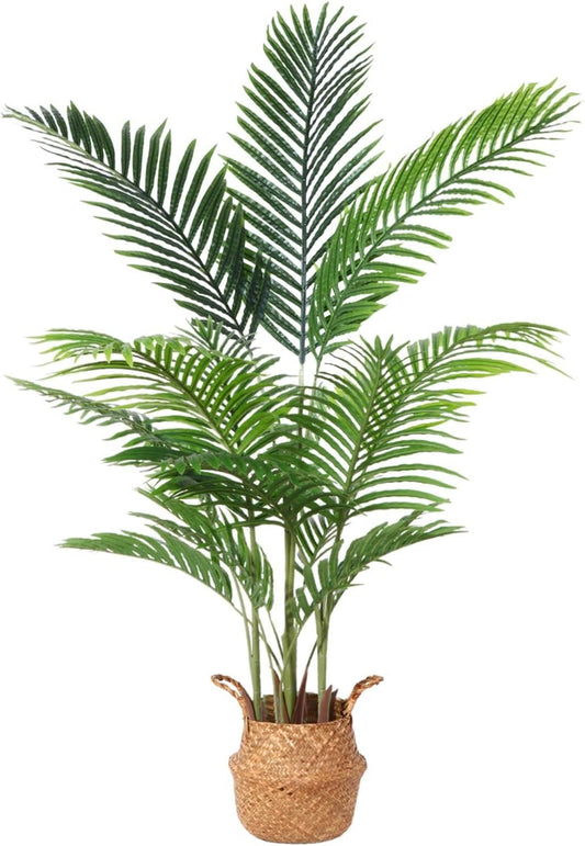 Ferrgoal Artificial Areca Palm Plants 4.6Ft Fake Dypsis Lutescens Tree with 15 Trunks in Pot and Woven Seagrass Belly Basket Tropical Faux Plant for Home Indoor Outdoor Office