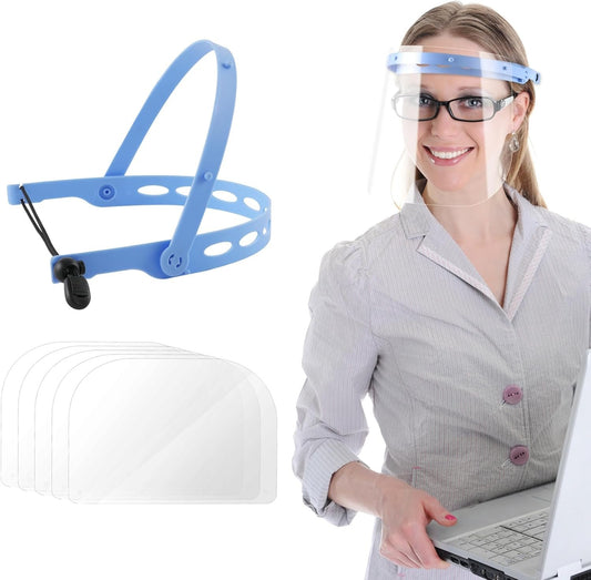 5 Pcs Safety Face Shields, Replaceable face Shields, Adjustable Face Cover, 1 Sets of Blue Reusable Brackets 5 Pcs Reusable 28 * 19.5cm Full Face Shield, Anti-Fog Replaceable Clear Protective Films