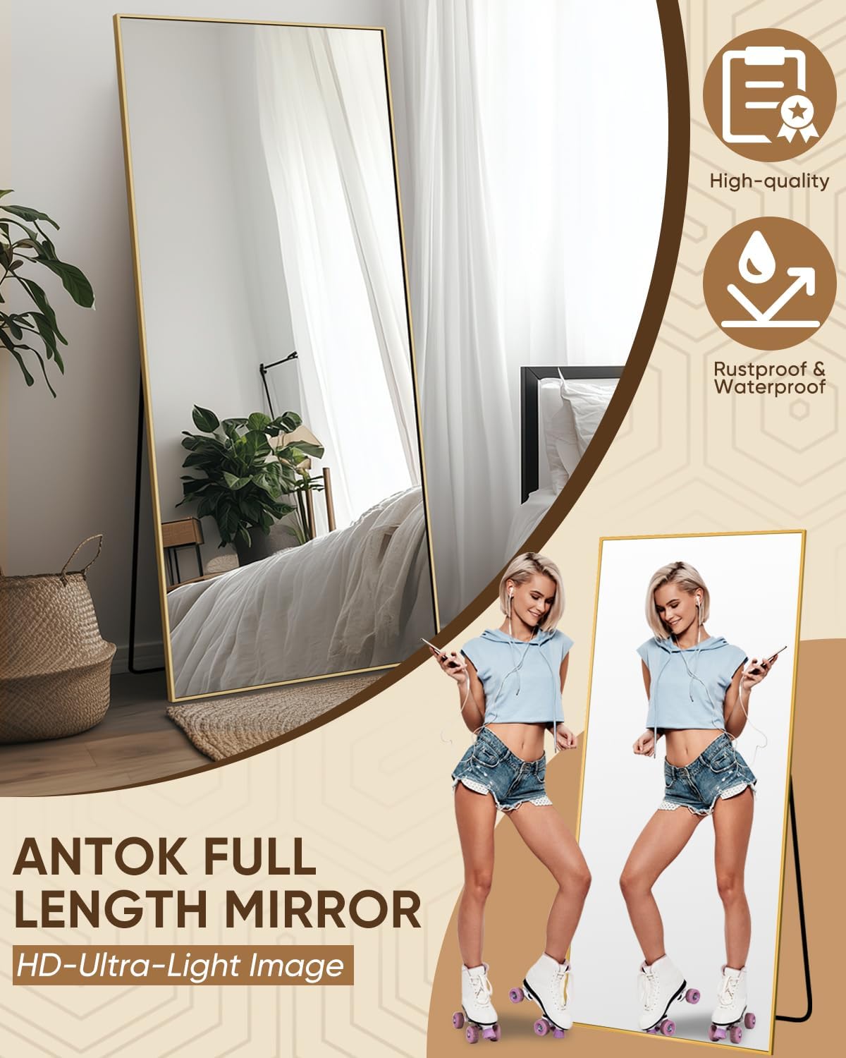 Antok Full Length Mirror, 71"x32" Floor Mirror, Floor Standing Freestanding Full Body Mirror with Stand for Bedroom, Hanging Mounted for Living Room Cloakroom, Gold