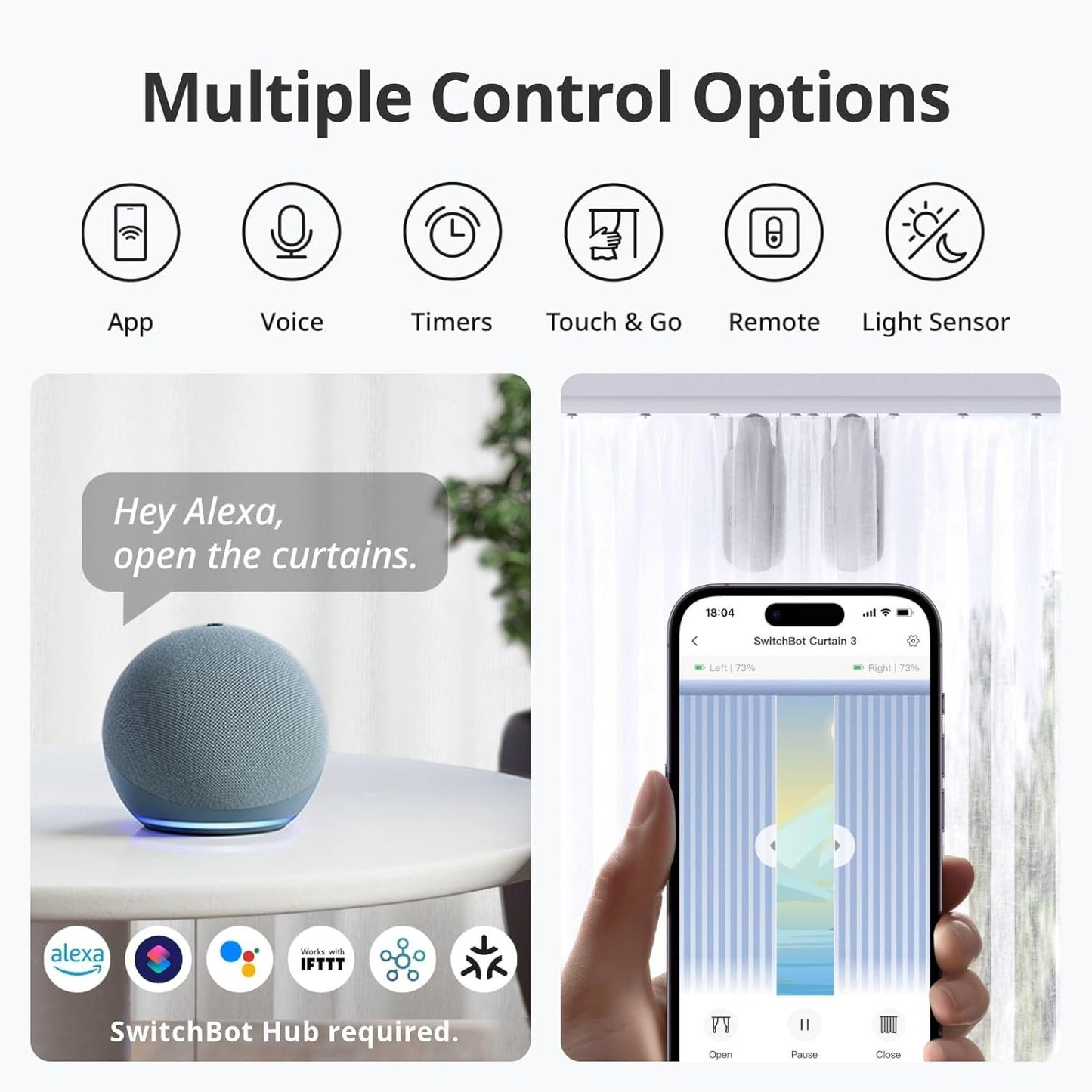 SwitchBot Smart Automatic Curtain Opener - Bluetooth Remote Control with App/Timer, Upgraded Performance Motor, Add SwitchBot Hub to Make it Work with Alexa, Google Home, HomeKit(Curtain 3, U Rail)