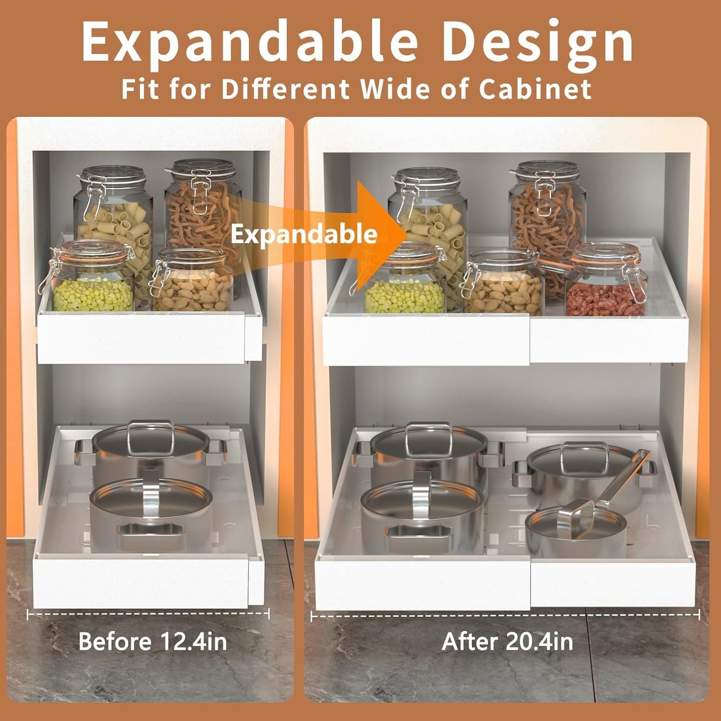 Pull Out Cabinet Organizer 2 PCS, 21" Deep, Expandable(12.4"-20.4") Slide Out Drawers for Kitchen Cabinets Fixed with Adhesive Film for Pots,Pans,Heavy Duty Slide Out Cabinet Organizer and Storage