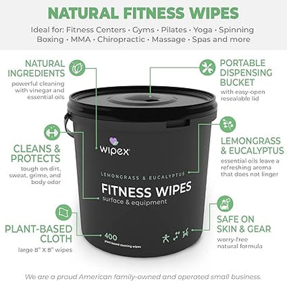Wipex Yoga Mat Cleaner Gym Wipes - Plant-Based Lemongrass, Eucalyptus & Vinegar Wipes for Fitness Equipment & All Purpose Gym Cleaning - Safe for Peloton Bikes & Treadmills - 400 Count