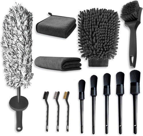 ZANZER 13Pcs Car Cleaning Kit with 40cm Extra Long Alloy Wheel Brush Detailing Brush Tire Brush Wash Mitt and Microfiber Towel, Auto Wash Set for Automotive Interior & Exterior Cleaning