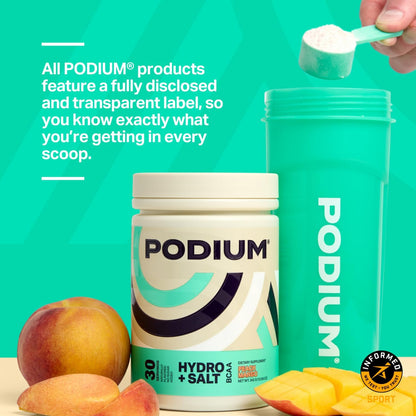 Podium Nutrition, Instantized BCAA Powder, Hydro and Salt, Mango Peach, 30 Servings, Electrolytes, Hydration, Recovery