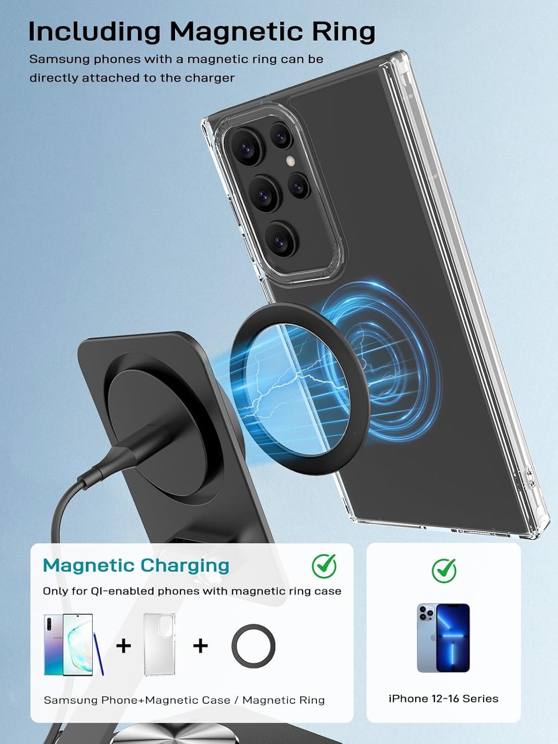 Magnetic Wireless Charger for Samsung Galaxy S25 Ultra/S24, Foldable Travel Mag-Safe Charger Stand for iPhone 16/15/14/Pixel 9 Pro/8, Aluminum Stand Magnet Android Phone Charger 360°Rotation Base
