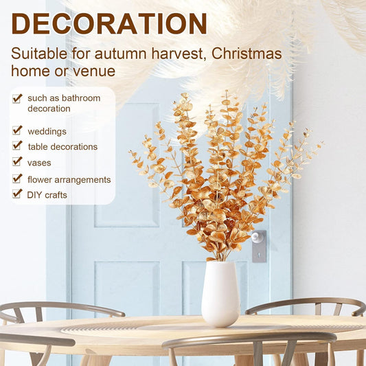 24pcs Eucalyptus Stems Decor Artificial Eucalyptus Leaves, Faux Greenery Branches for Wedding Center Everlasting Flower Floral Arrangement Farmhouse Home Party Wedding Celebrate Decoration (Gold)