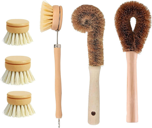 MYTOAU 6 Pack Bamboo Dish Brushes Sets for Kitchen with Handle,Wooden Cleaning Scrubbers Brushes, Eco-Friendly Natural Dishes Washing Brush for Dishwashing Cast Iron Pots Pans Skillet Kitchen Sink