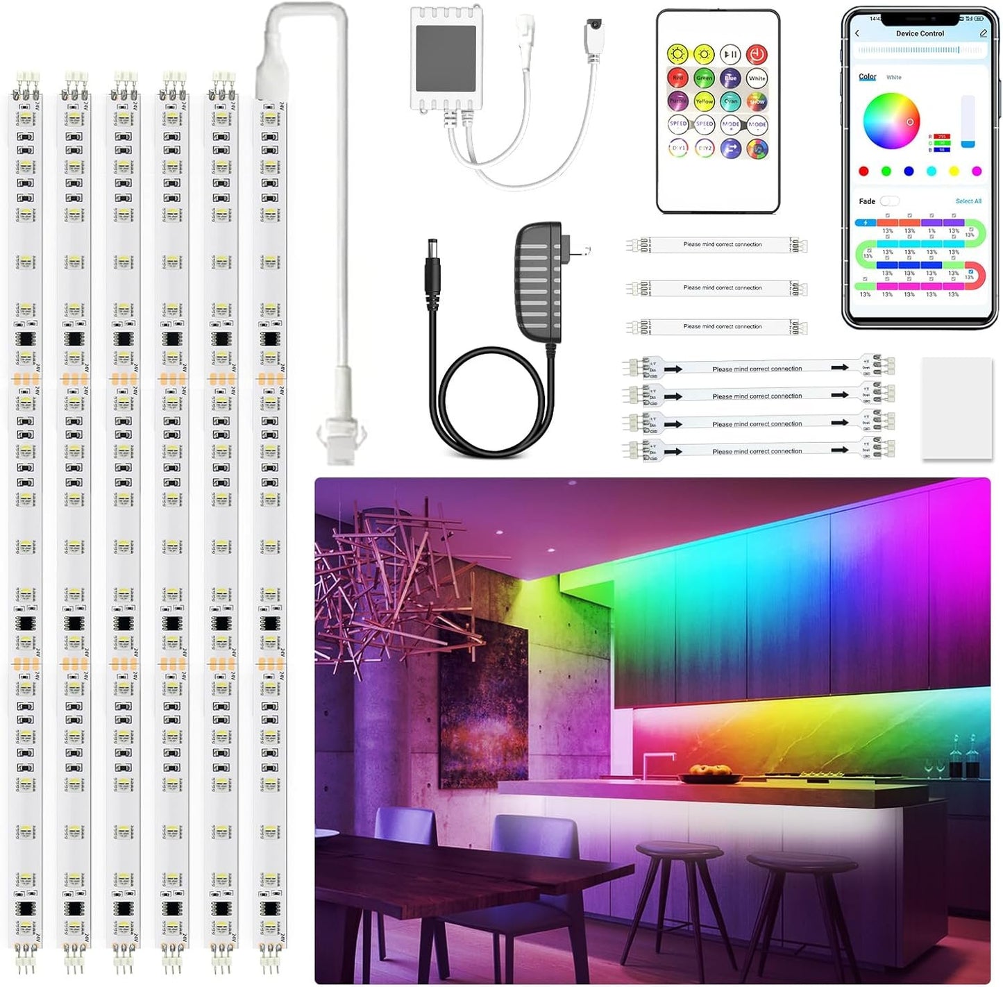 DAYBETTER Under Cabinet Lighting, 20ft RGBWIC Under Cabinet Lights, 360 LEDs (60 LEDs per 3.2ft/1M), Smart RGB+White(6500K) 4 Color in 1 High Density LED Lights with Built-in IC Chips, 6 PCS