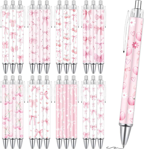 Wxiben Coquete Bows Ballpoint Pens - 24PCS Pink Ribbon Bows Pens Set Cute Cherries Smooth Writing Pens Retractable Pink Conquette Bow Pen for Office Stationery School Supplies for Women Teacher Gifts