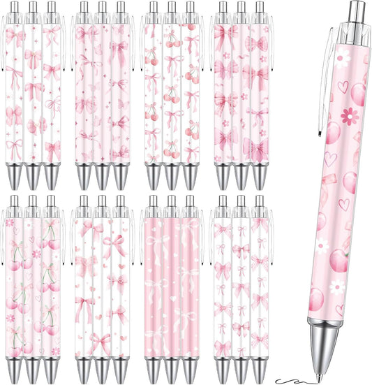 Wxiben Coquete Bows Ballpoint Pens - 24PCS Pink Ribbon Bows Pens Set Cute Cherries Smooth Writing Pens Retractable Pink Conquette Bow Pen for Office Stationery School Supplies for Women Teacher Gifts