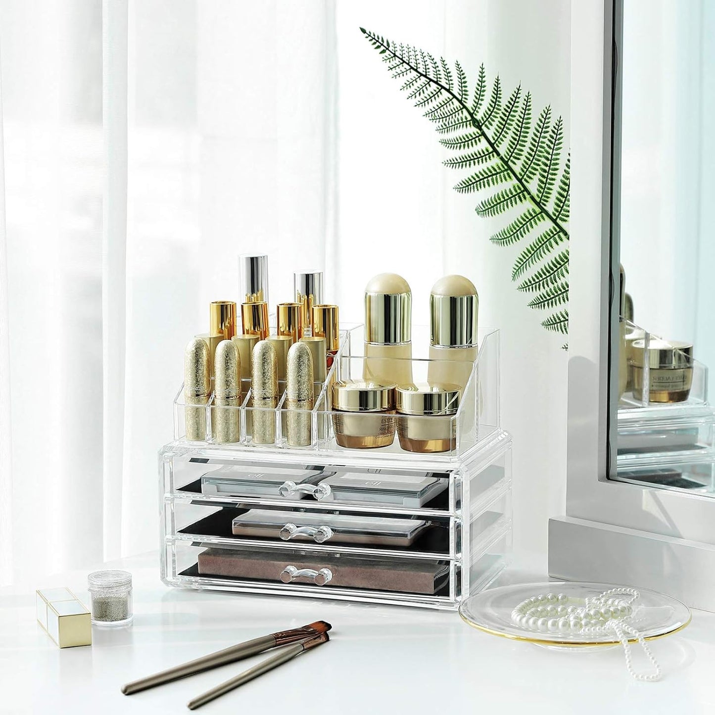 Songmics acrylic Cosmetic Organiser Drawer Box with nail polish stand lipstick holder (3 drawers)
