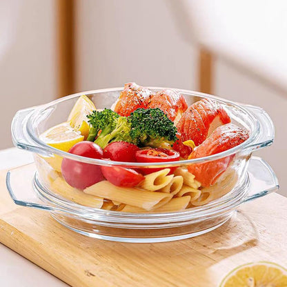 2 Set Glass Casserole Dishes with Lids, Borosilicate Cookware Bakeware Set with Handles, Oven Microwave Safe Bowls for Cooking Baking Serving 0.7L & 1.5L