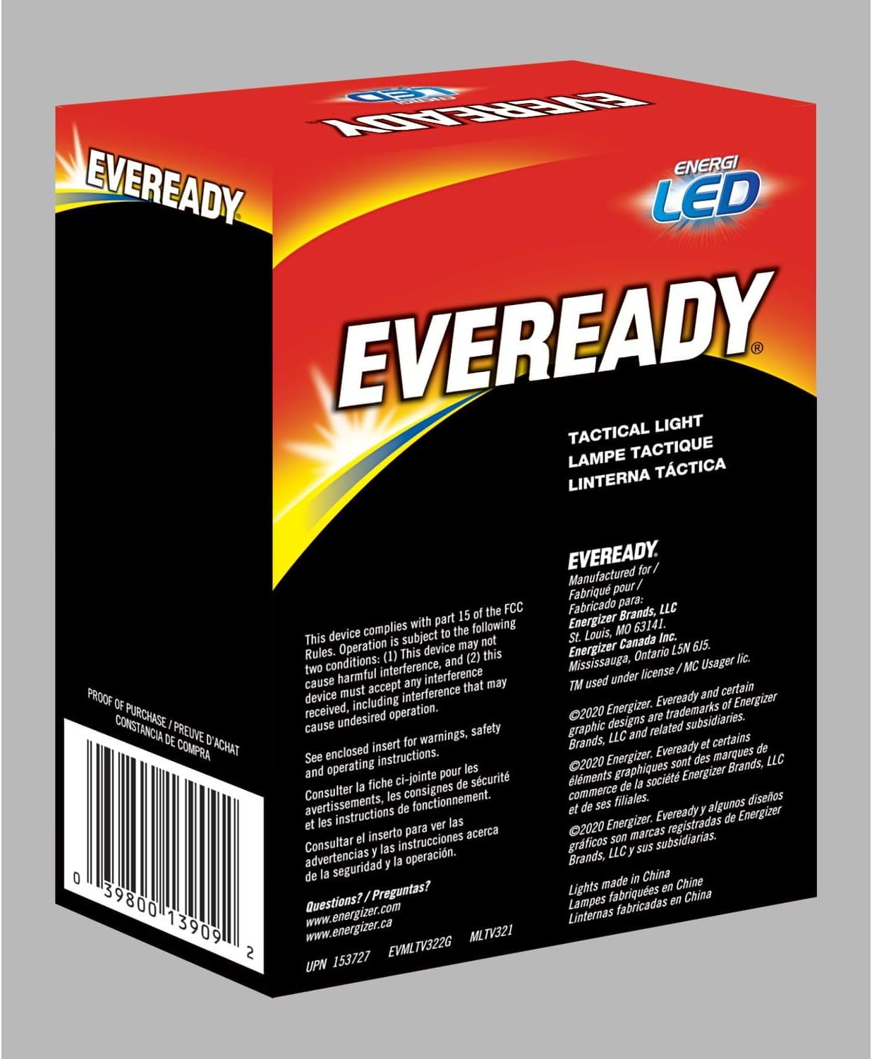 EVEREADY Tactical Light, 300 Lumen, IPX4 Water Resistant, Durable Metal LED Flashlight, Indoor and Outdoor Metal Flashlight