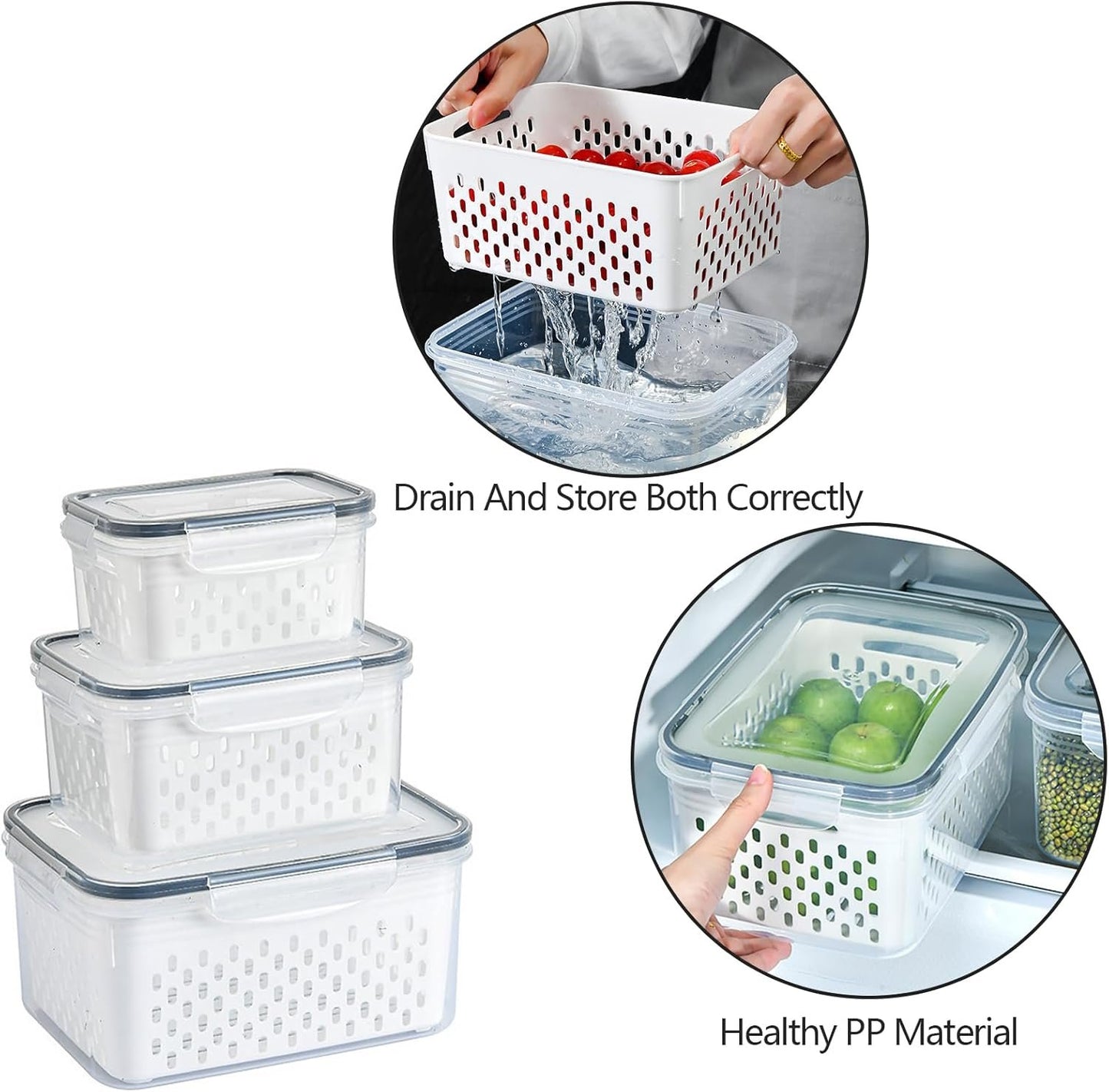 Lizbin 3 PCS Fruit Storage Containers for Fridge With Removable Colander, Leak Proof Airtight Food Storage Containers With Lids, Keep Meat Fresh