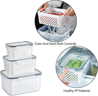 Lizbin 3 PCS Fruit Storage Containers for Fridge With Removable Colander, Leak Proof Airtight Food Storage Containers With Lids, Keep Meat Fresh