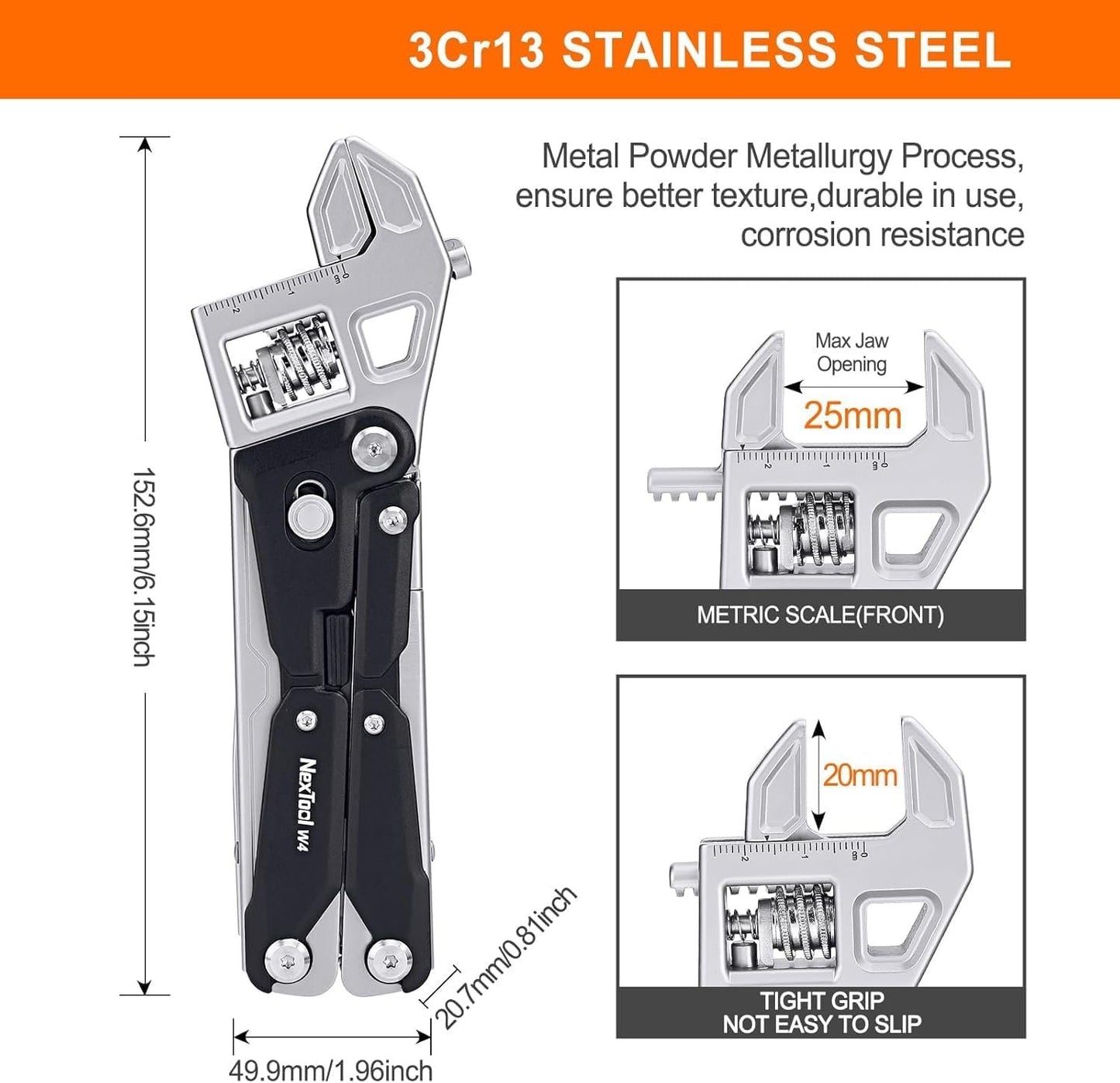 NexTool Adjustable Wrench Pliers, 11-in-1 Collapsible EDC Tool with Pliers, Knife, Saw and Screwdriver for Camping, DIY and Men's Gifts (W4)