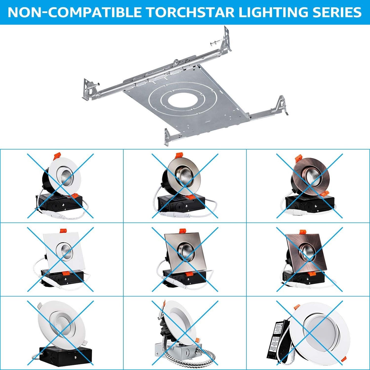 TORCHSTAR New Construction Mounting Plate, 3/4/6 Inch LED Recessed Lighting Kits, Compatibility Upgrade, Extendable Hanger Bars, Shallow Recessed Light Housing, Pack of 6