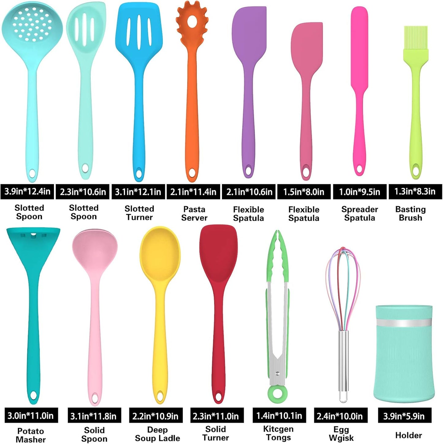 AIKKIL Silicone Cooking Utensil Kitchen Utensil Set, 24 Pcs Non-stick Cooking Utensils Spatula Set with Holder by , Heat Resistant Kitchen Gadgets Tools Set for Cookware(Colorful)