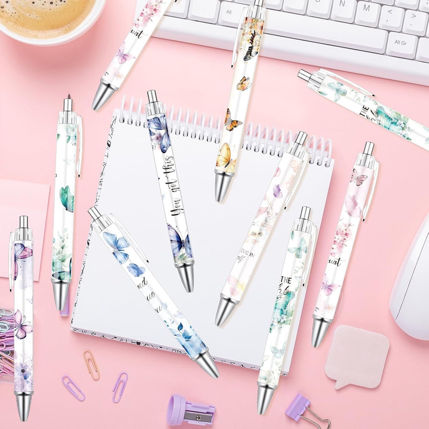 Wxiben Butterfly Inspirational Ballpoint Pens - 24PCS Butterfly Print Pens Set Retractable Positive Flower Pens Smooth Writing Floral Pens for Office Stationery School Supplies for Women Teacher Gift