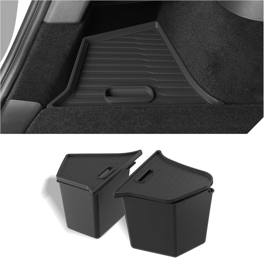 LUCKEASY 2pcs Trunk Storage Packets For Tesla Model Y 2021-2024 5 Seat(not for 2025,not for 7Seat)(Only For USA Car) Car Rear Trunk Corner Storage Boxes With Lids Organizers Side Storage Bins TPE