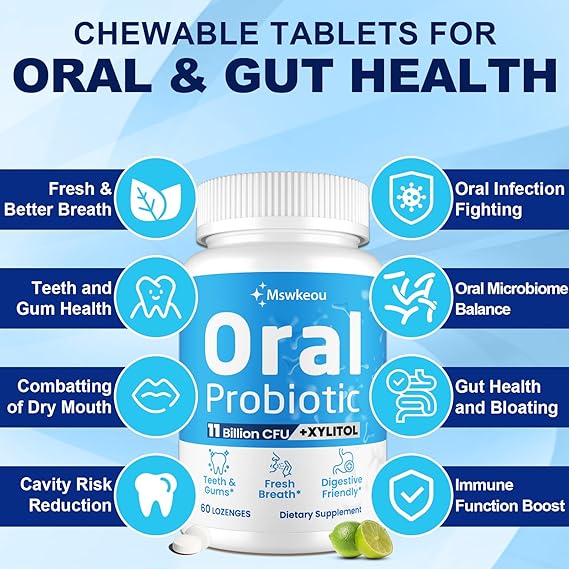 Oral Probiotics for Mouth Bad Breath Treatment for Adults 11 Billion CFU, Best Breath Oral Dental Probiotics for Teeth & Gums, Fresh Breath, Chronic Halitosis & Gut Health with M18, A12, 60 Tablets
