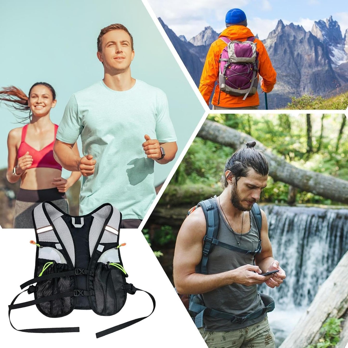Running Hydration Vest, Portable Outdoors Kit, 11.81x18.5in Reflective Design, Organizer Bag, Multiple Pockets Set for Trekking, Camping, Cycling, Mountain, Sport Activity