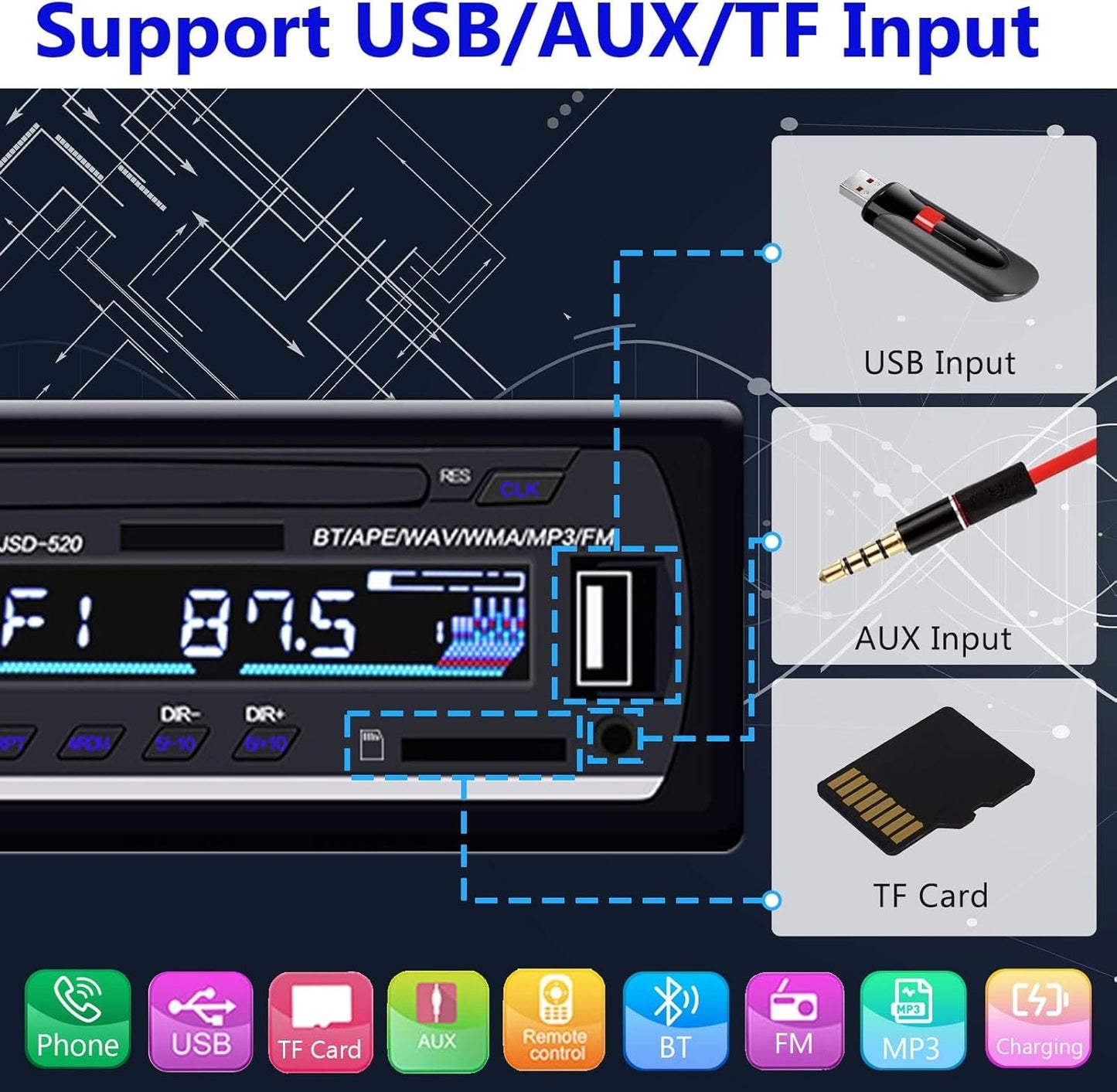 1 DIN Car Stereo Bluetooth Car Stereo, Single Din MP3 Player FM Radio Hands-Free Bluetooth 1 DIN Universal Support EQ/USB/TF/SD/AUX Audio Receiver + Remote Control