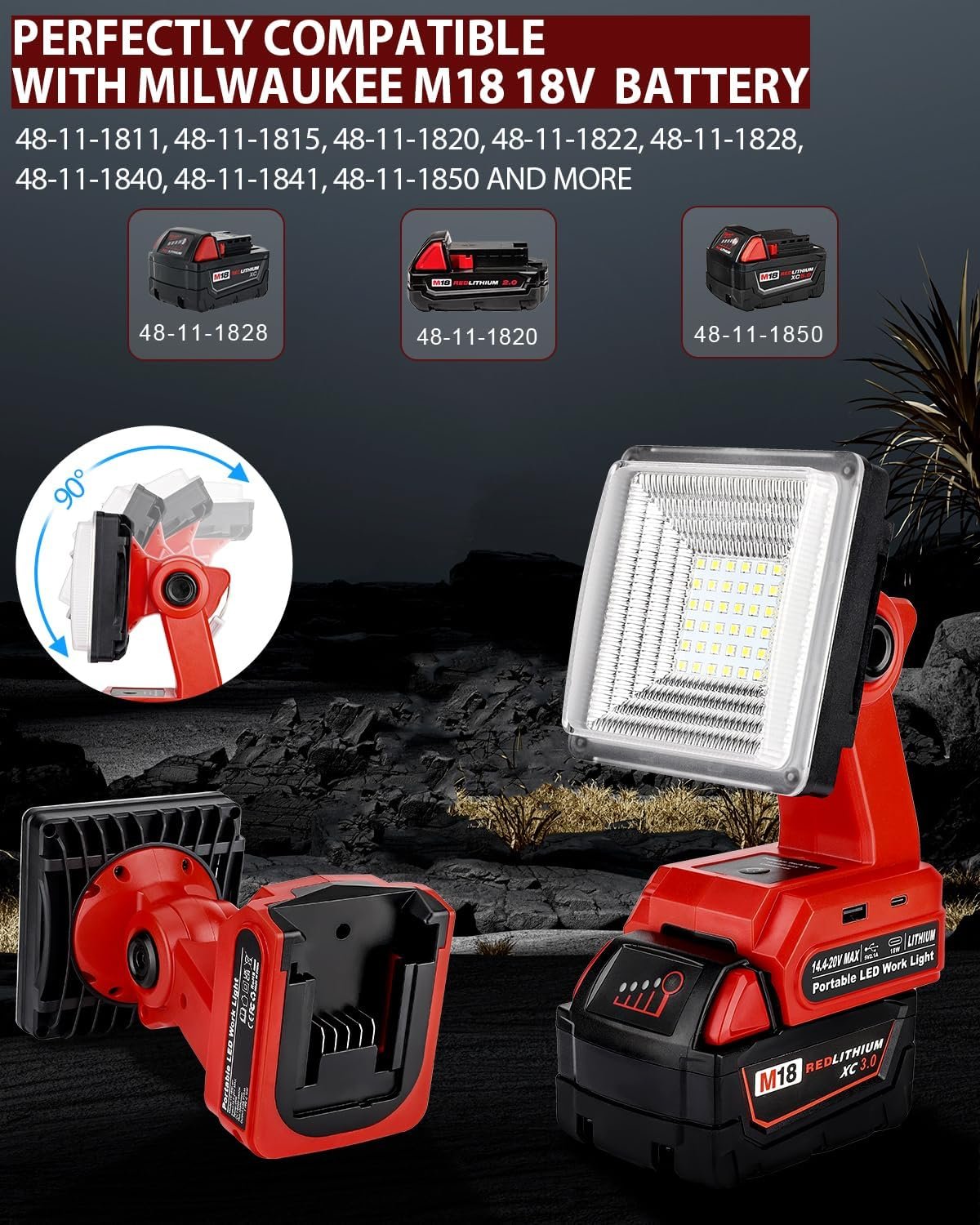 Cordless LED Work Light for Milwaukee M18 18V Battery, 25W LED Floodlight with USB-A&USB-C 2.1A Fast Charging Ports for Jobsite, Car Repairing, Camping, Emergency