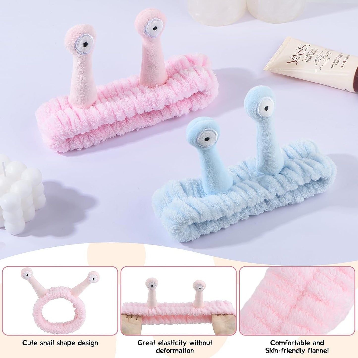 Umshlem 2 Pack Face Wash Headband Snail Spa Hair Bands Makeup Headbands Cartoon Cute Coral Fleece Elastic Headband Creative Hair Accessories for Washing Face Shower Beauty Skincare - Pink and Blue