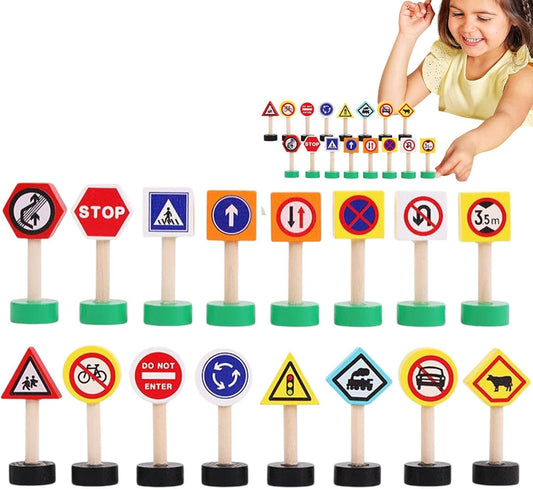 Kidstraffic Road Signs, 16x Street Traffic Signs Play Toy, Early Learning Game, Crosswalk Signal Blocks, Wooden Stop Safety Game For Education, 9.06x7.09x1.18 Inches