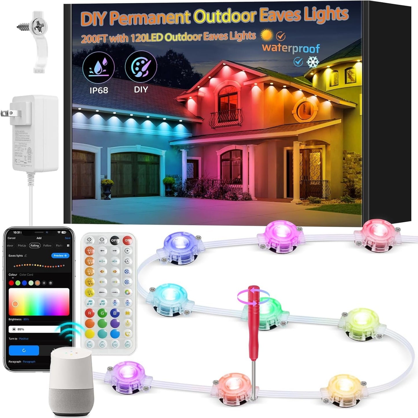 WiFi DIY Permanent Outdoor Lights, Smart RGB Outdoor Lights, 200ft with 120 LED Eaves Light, IP68 Waterproof, for Halloween Decorations, Christmas, Work with Alexa, Google Assistant