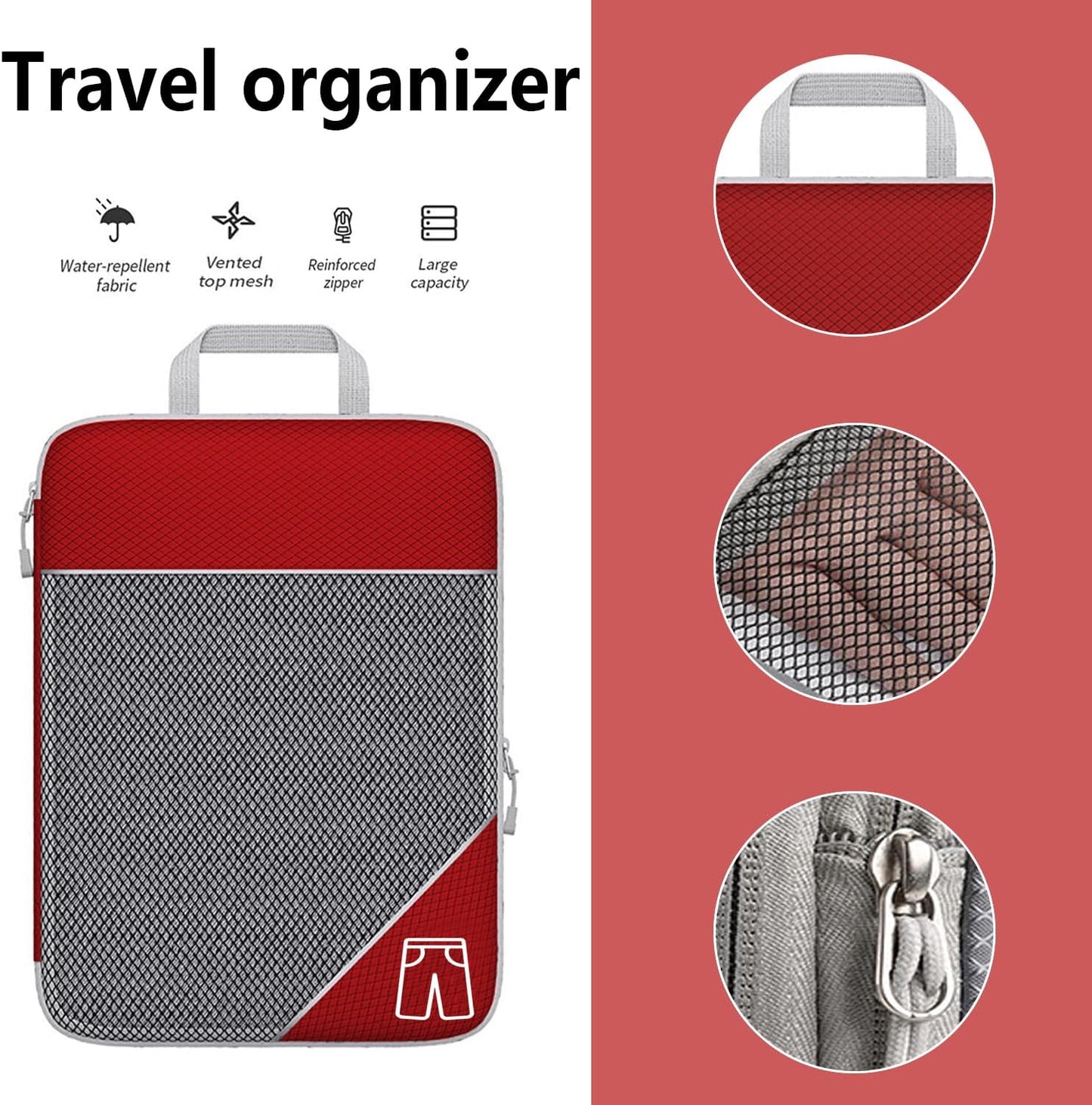 Rantuia Compression Packing Cubes, 6pcs Set, Water Proof Nylon Material, Breathable, 70% Compression, Compression Packing Cubes for Travel, Lightweight compression Packing Cubes Kit.(Red)