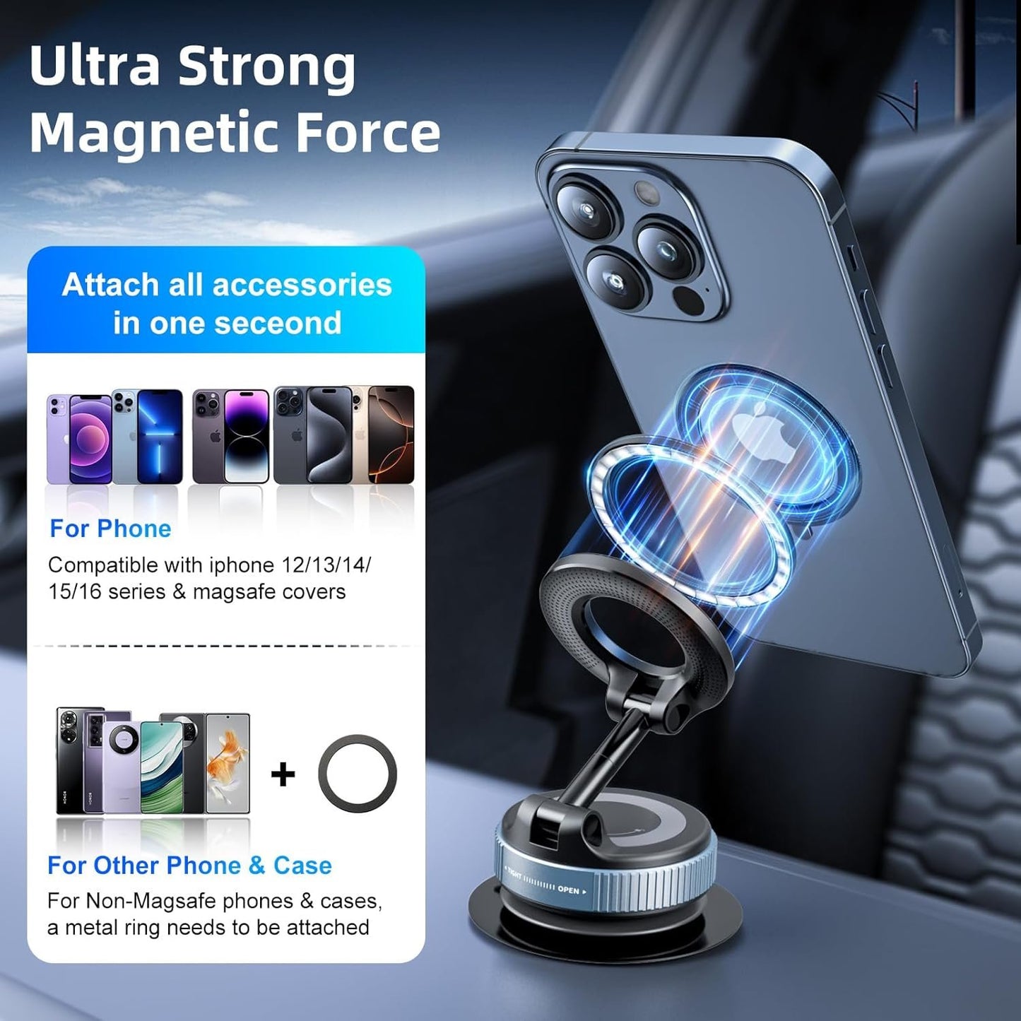 FONKEN Magnetic Phone Holder for Car, 360°Adjustable Vacuum Magnetic Phone Holder Hands-Free Suction Cup Phone Mount Foldable Vacuum Phone Stand for All Phones & Car/Gym/Mirror/Shower/Smooth Surface