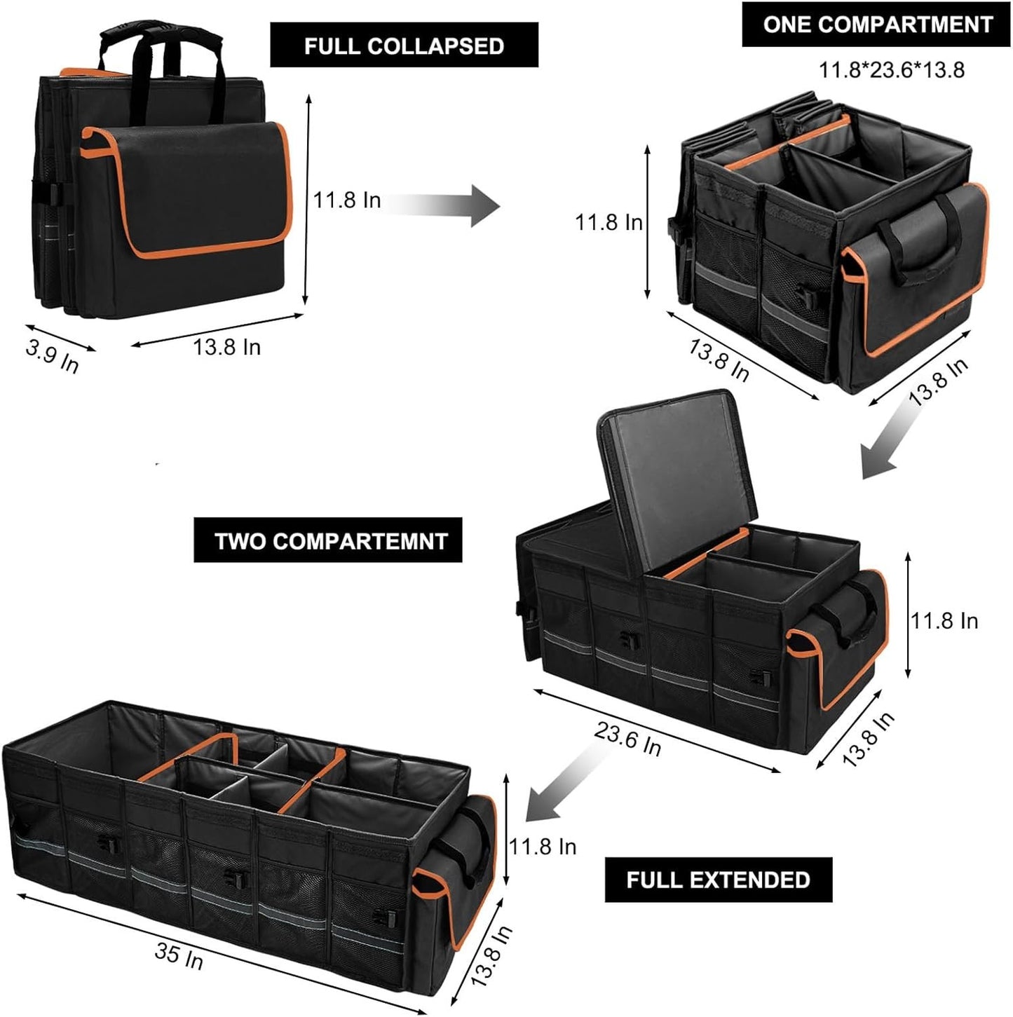 Car Trunk Organizer and Storage with Removable Leakproof Cooler Bag, 6 Removable Dividers for Custom Space, Collapsible Trunk Storage with Non Slip Bottom, Foldable Cover. And 3 Year Warranty