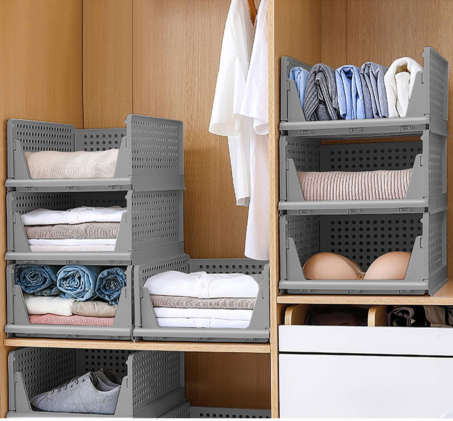 4-Pack Folding Wardrobe Storage Box Plastic Drawer Organizer Stackable Shelf Baskets Cloth Closet Container Bin Cube Home Office Bedroom Laundry Pull Out Drawer Dividers for Clothes,Toys Organization