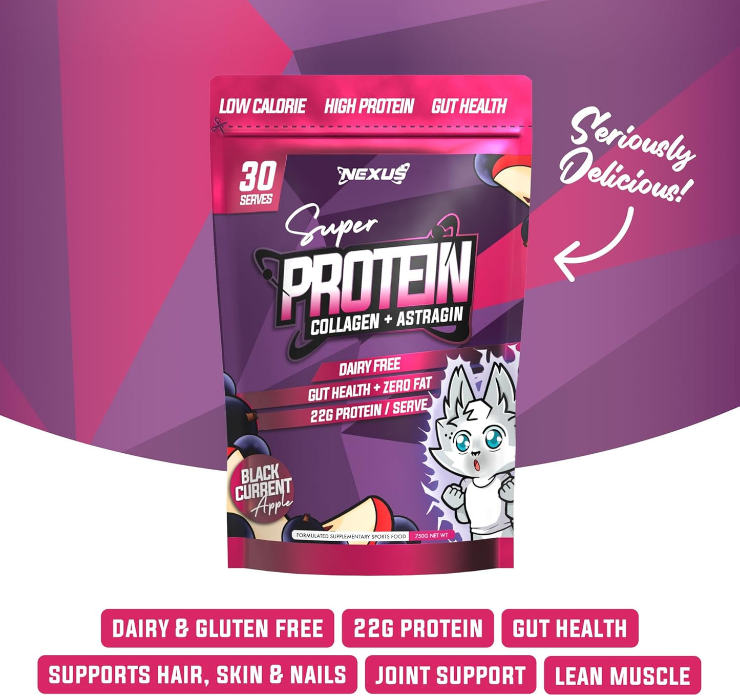 Nexus Protein Water Powder, Blackcurrent Apple Collagen Protein Drink, Dairy-Free, Gluten-Free, Zero Fat, Low Calories, 22g of Protein (per serving), Astragin, Root Extracts, Potassium, 750g (30 Servings)