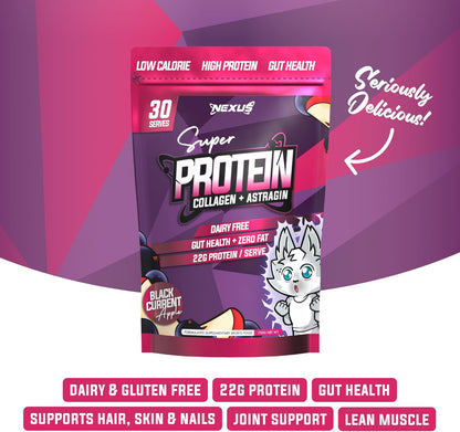 Nexus Protein Water Powder, Blackcurrent Apple Collagen Protein Drink, Dairy-Free, Gluten-Free, Zero Fat, Low Calories, 22g of Protein (per serving), Astragin, Root Extracts, Potassium, 750g (30 Servings)