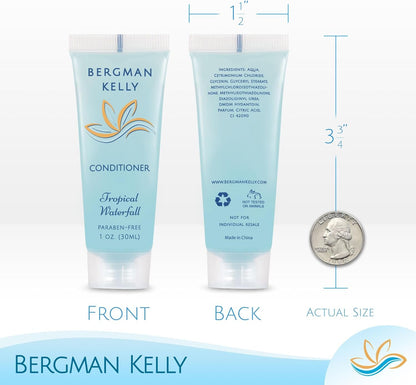 Bergman Kelly Hotel Toiletries Bundle - Tropical Waterfall, 1 oz each, 200 Pcs - 4-Piece Set: 50 Rectangular Bar Soap, 50 Shampoo, 50 Conditioner & 50 Body Lotion - Bulk Mini Guest Amenities