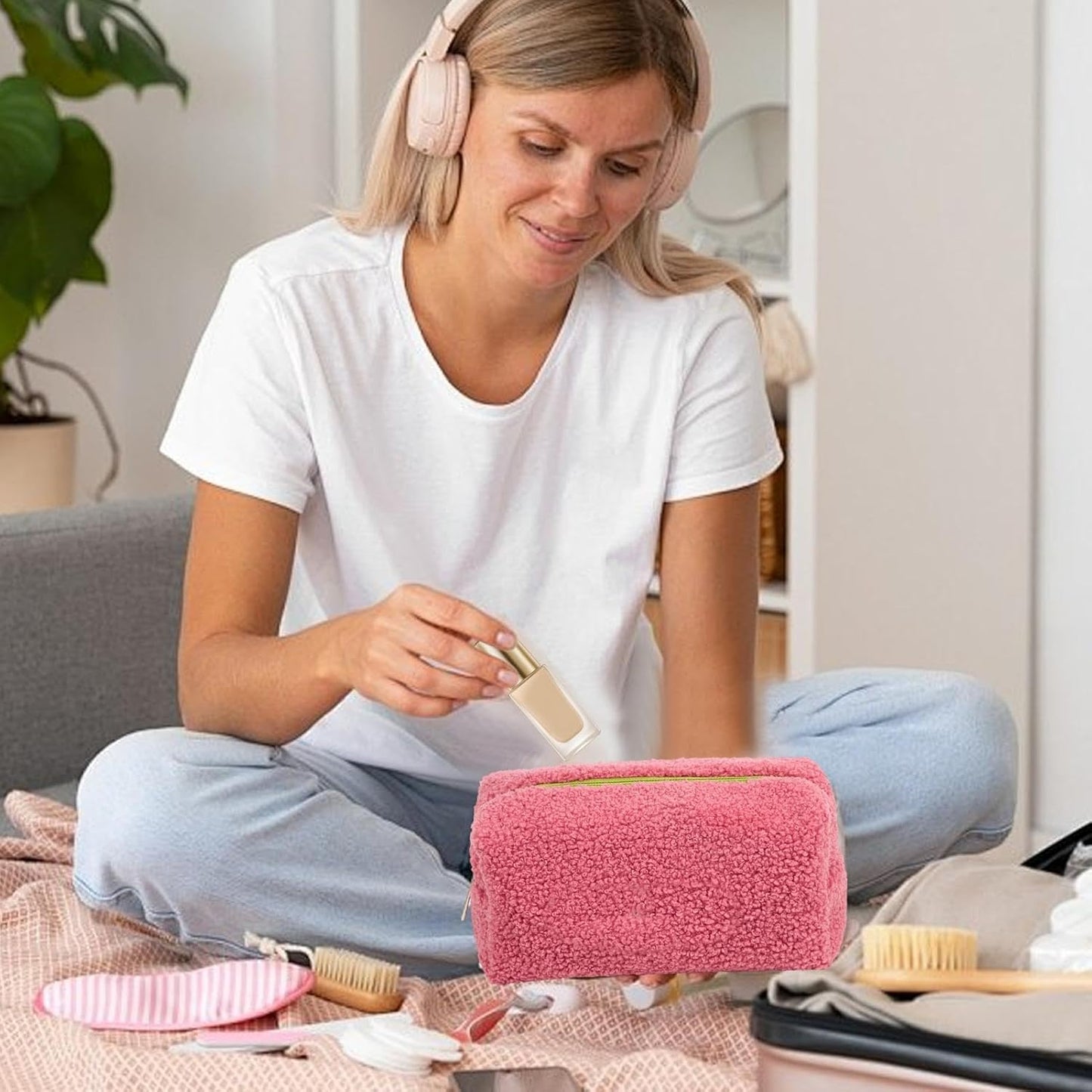 Soft Makeup Bag, Travel Toiletry Pouch, Large Capacity Cosmetic Case, Protective Beauty Organizer, Portable Storage Holder, For, Brushes, Accessories, Daily Use, Travel, pink, Please refer to