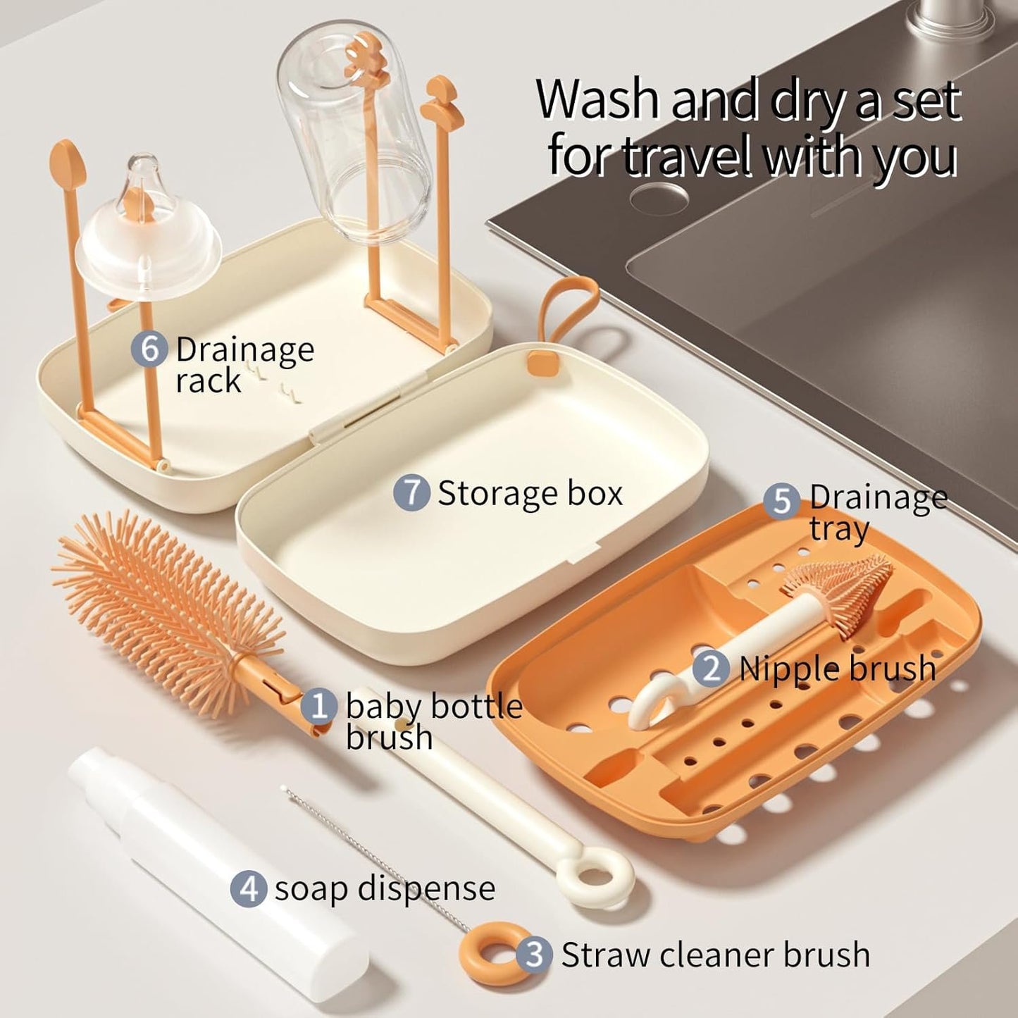 Suvast 7in1 Travel Bottle Cleaner kit,Baby Essentials, with Bottle Brush、Nipple Brush、Straw Cleaner Brush、Soap Dispenser、Bottle Drying Rack、Drainage Tray、Storage Box,Baby Travel Essential (White)