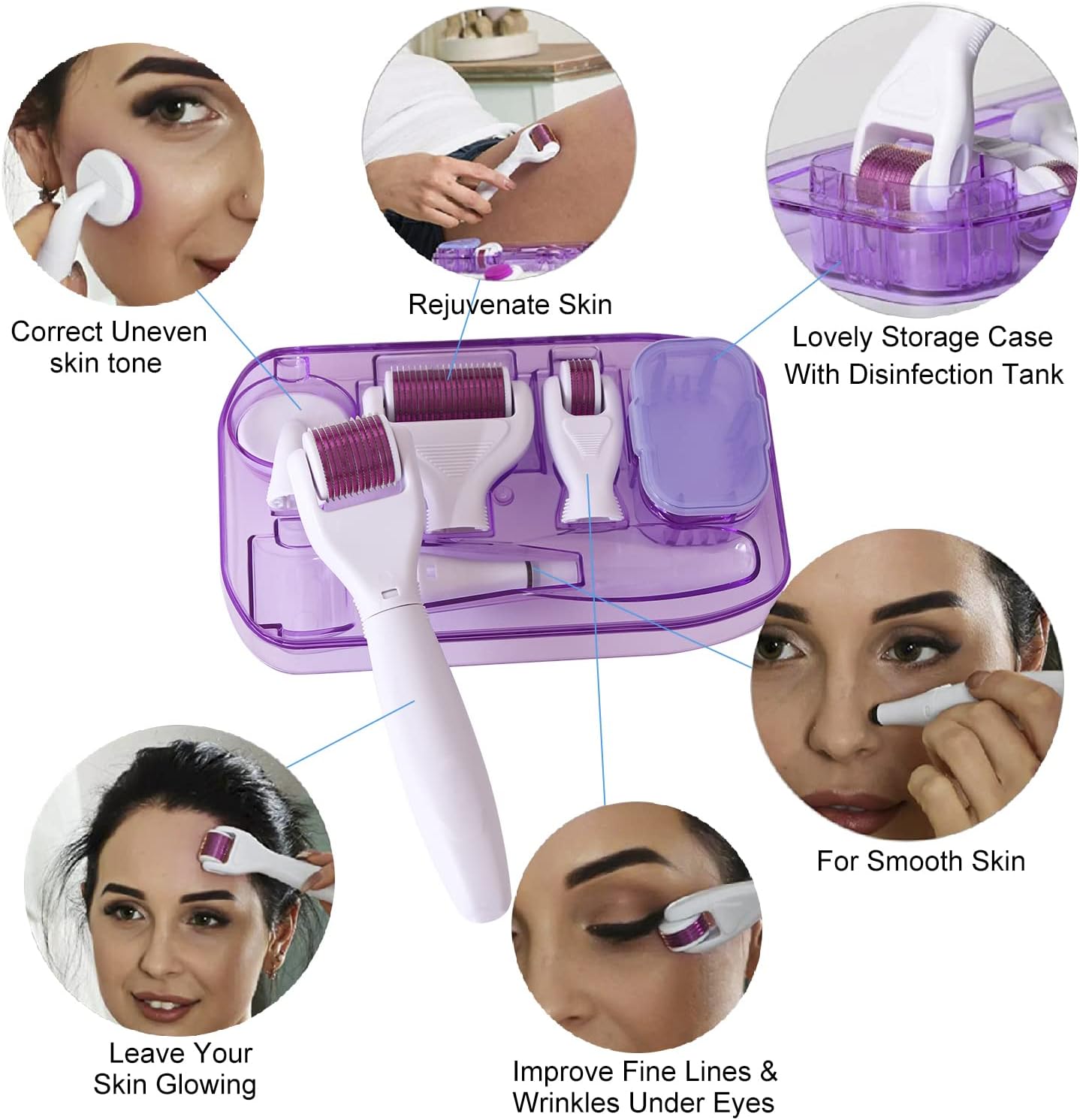 6 In 1 Derma Roller kit, Cosmetic Micro-Needling Instrument Skin Care Tool for Stretch Marks Wrinkles Acne Scars Hair Loss Regrowth with 4 Titanium Needle Heads Silicone Brush and Disinfecting Tray